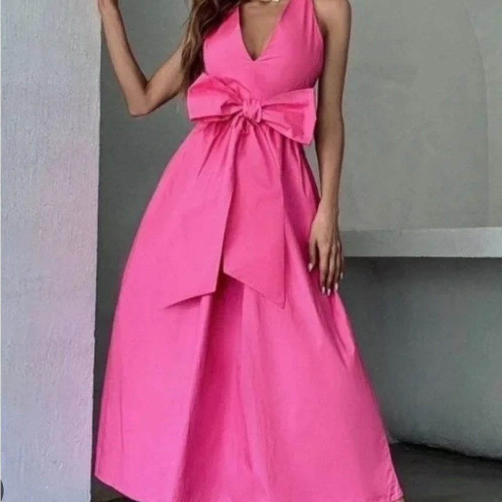 Zara pink tied bow poplin cotton midi/maxi dress